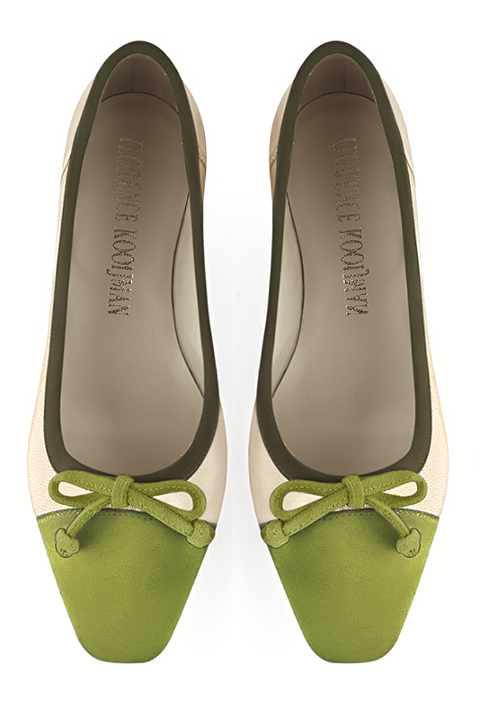 Pistachio green and gold women's ballet pumps, with low heels. Square toe. Flat flare heels. Top view - Florence KOOIJMAN